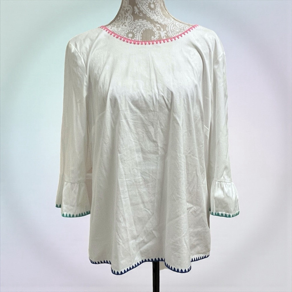 Talbots White Embroidered Trim Top Medium 3/4 Sleeve Zip Back Tassel Detail